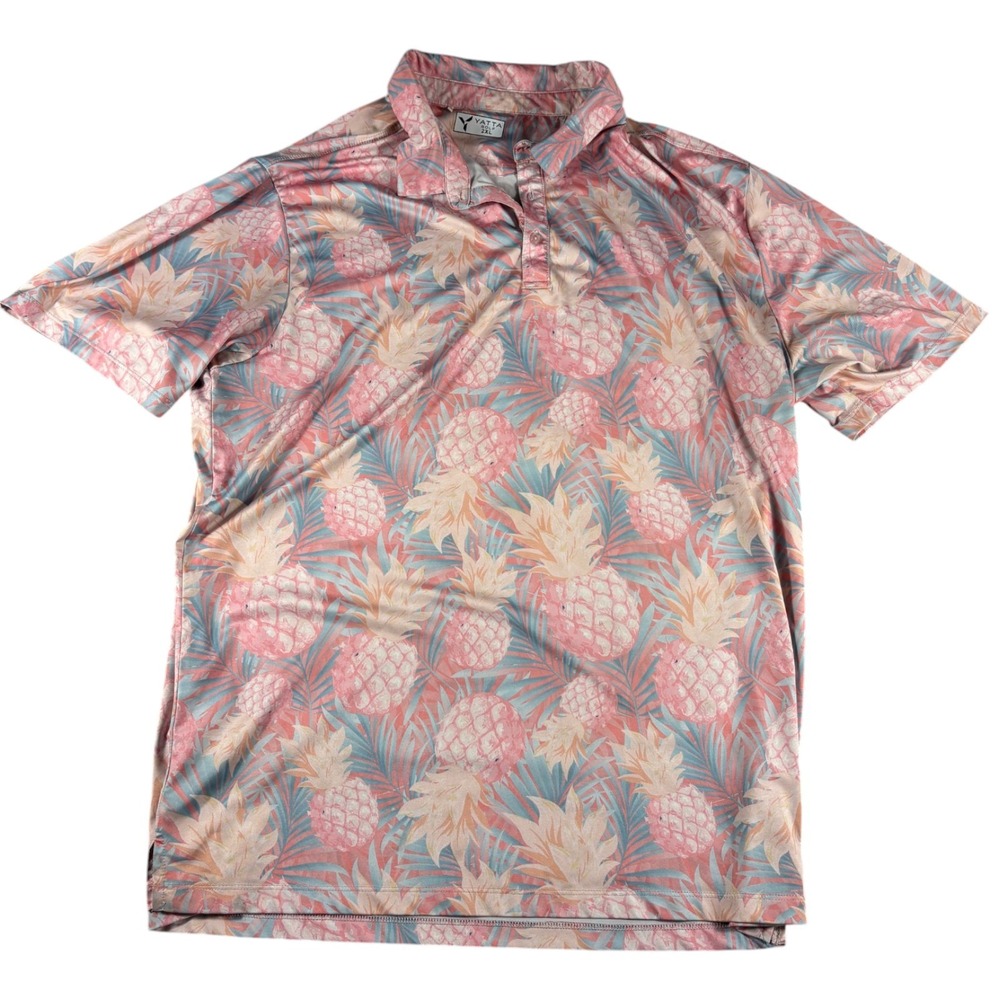Yatta Golf Polo Shirt Men 2XL Pink Blue Pineapple Tropical Print Premium Stretch